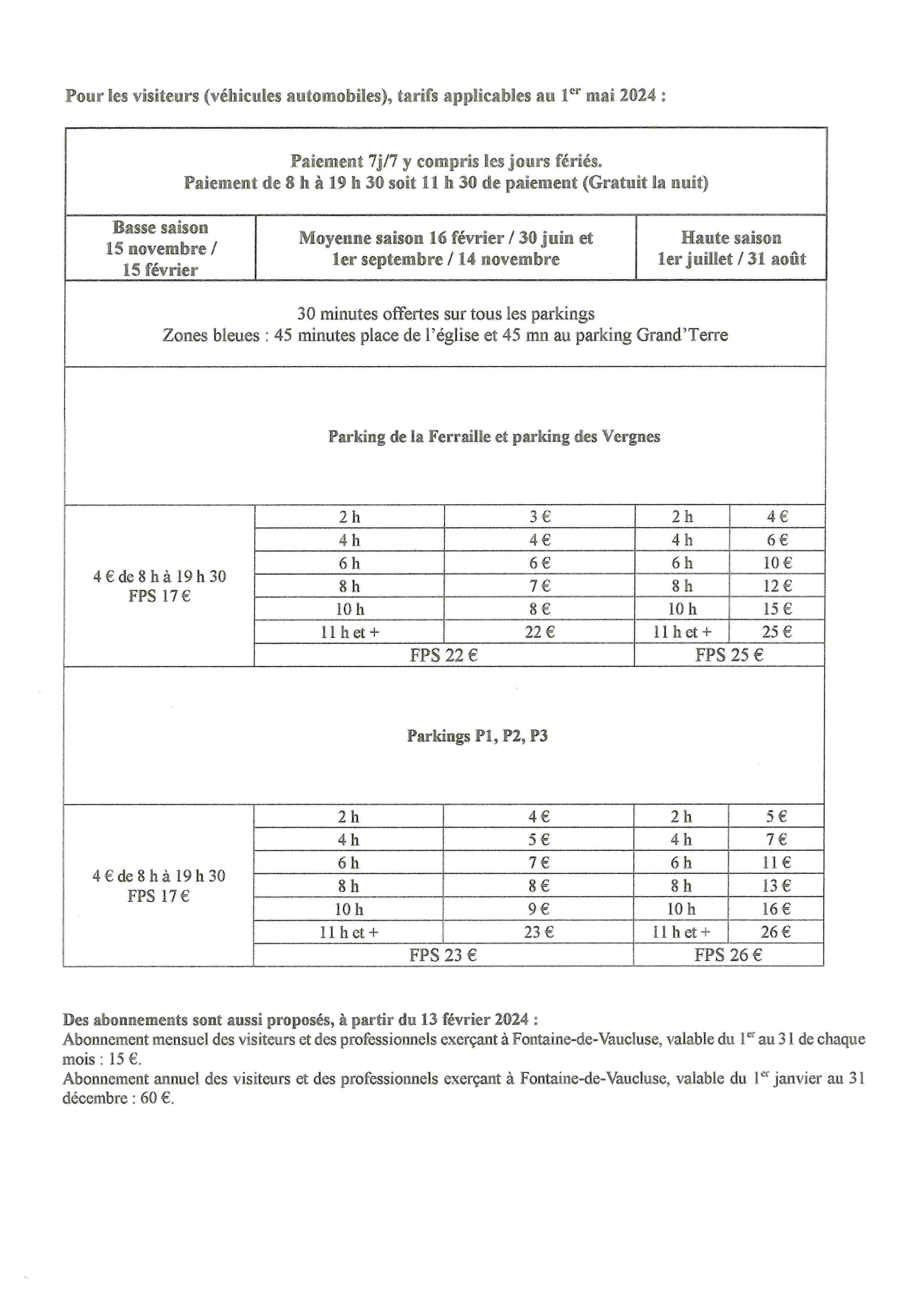 tarifs parkings 01.05.24